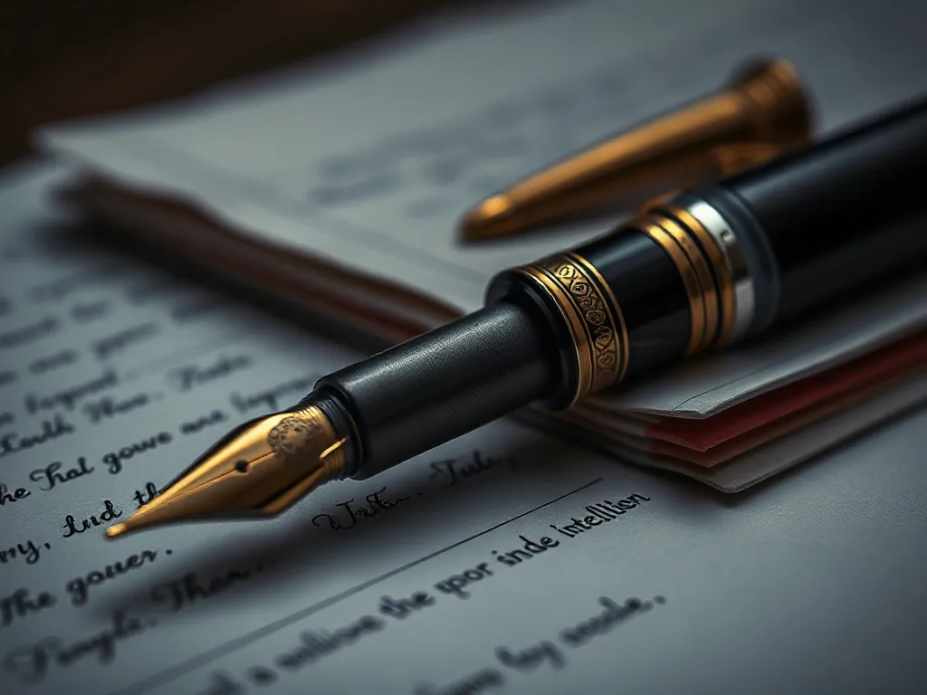 Close-up of a high-end fountain pen resting on a stack of ma