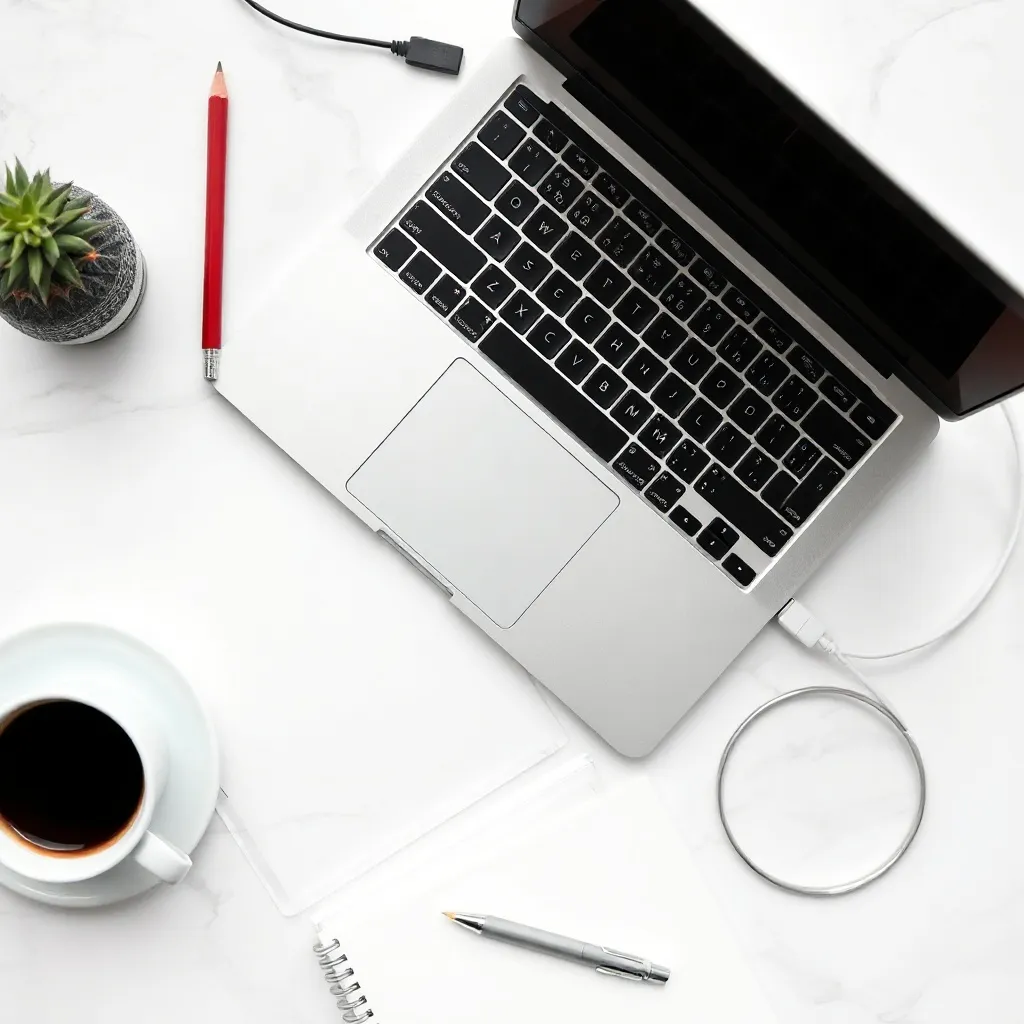 A minimalist workspace with a laptop, a red pencil, and a cu