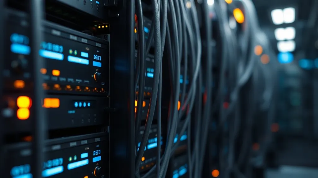 Close-up of a high-tech server rack with glowing fiber optic