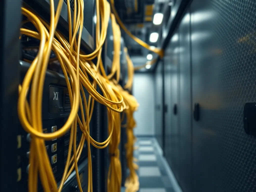 Detailed close-up of a high-tech server room with golden cab