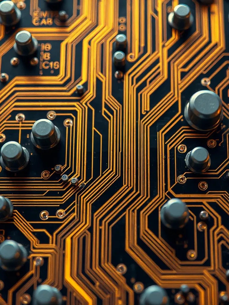 Close-up of a high-tech circuit board with glowing golden li